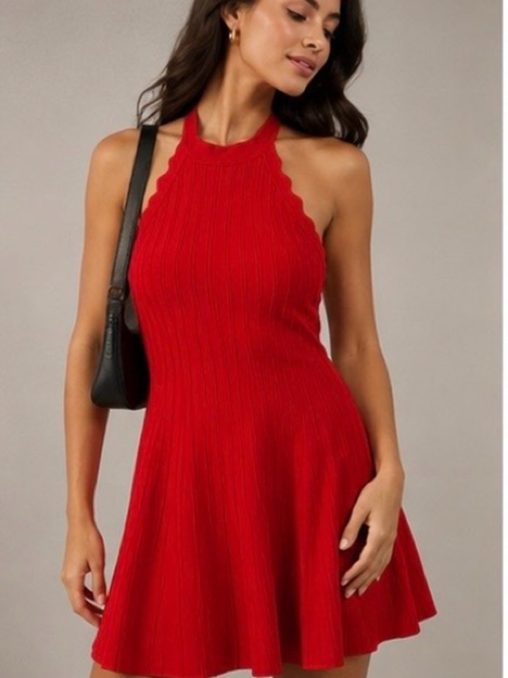 bebe Red Ribbed Scallop Trim Halter Fit & Flare Mini Dress – Size S – NWT